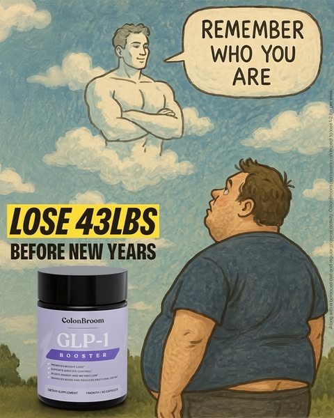 An illustration-style advertisement featuring a person visualizing their future, fitter self while showcasing a dietary supplement bottle.